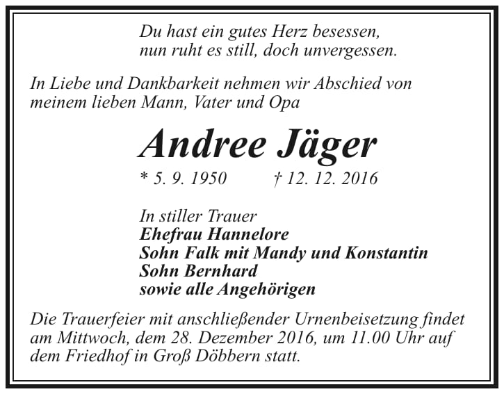 Traueranzeige Andree Jäger