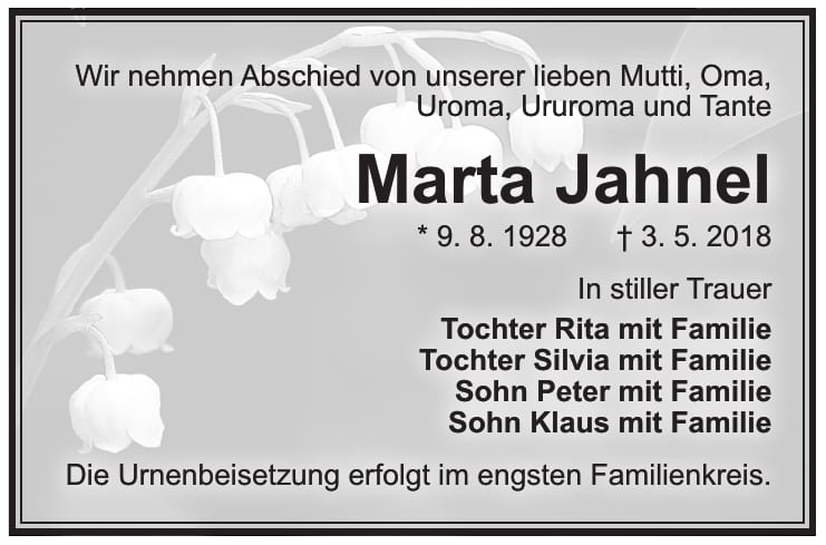 Traueranzeige Marta Jahnel