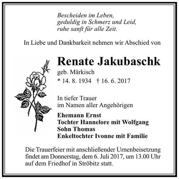 Traueranzeige Renate Jakubaschk, geb. Märkisch