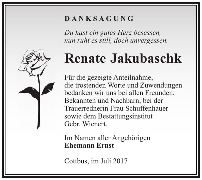 Danksagung Renate Jakubaschk