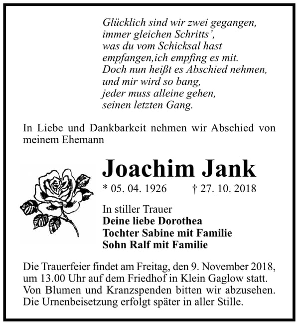 Traueranzeige Joachim Jank