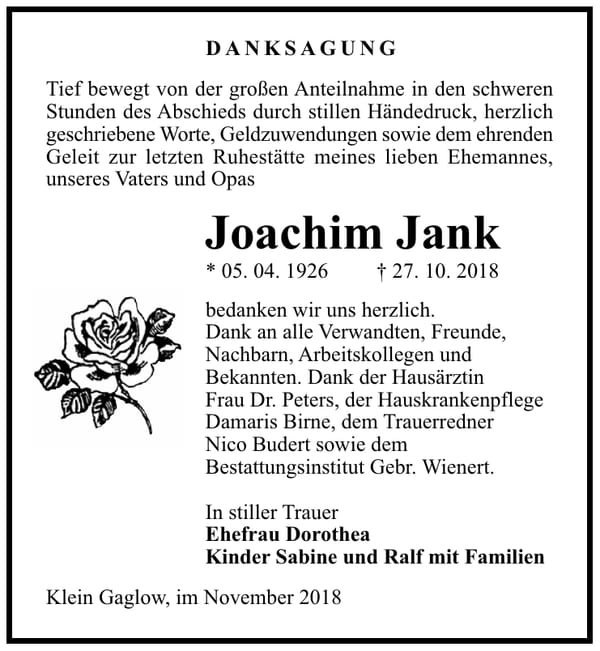 Danksagung Joachim Jank