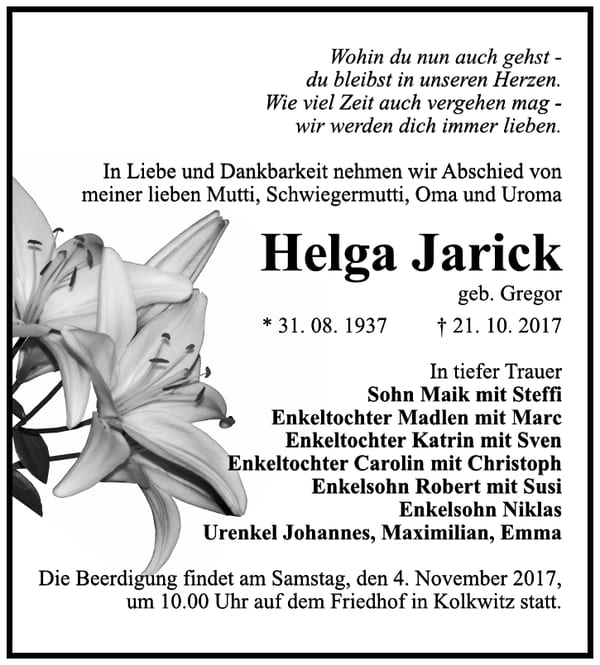 Traueranzeige Helga Jarick, geb. Gregor