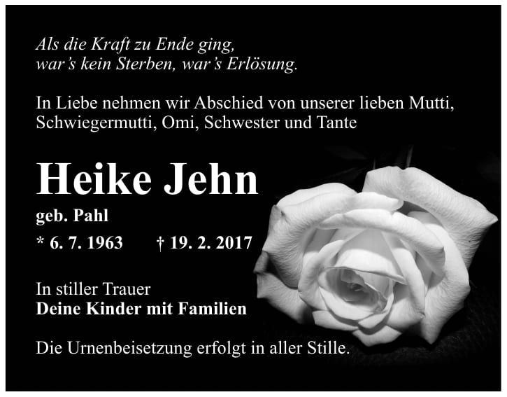 Traueranzeige Heike Jehn, geb. Pahl
