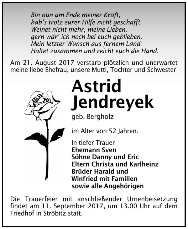 Traueranzeige Astrid Jendreyek, geb. Bergholz