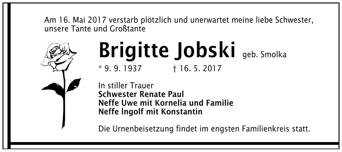 Traueranzeige Brigitte Jobski, geb. Smolka