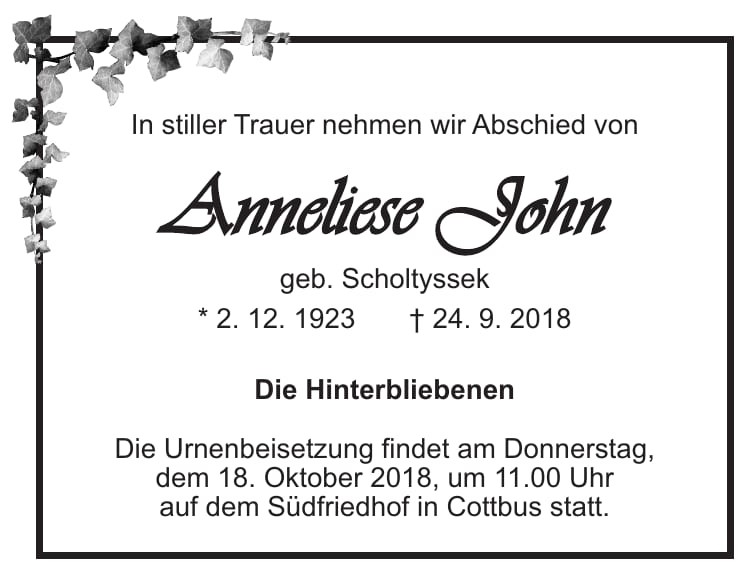 Traueranzeige Anneliese John geb. Scholtyssek