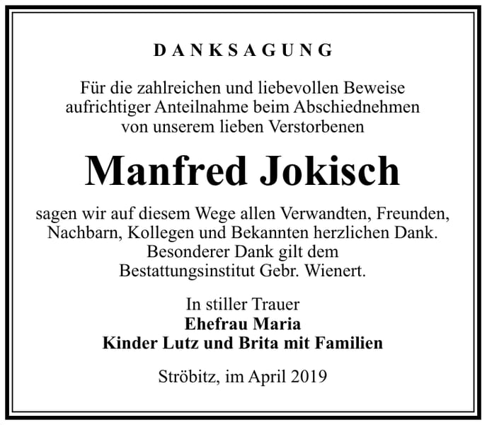 Traueranzeige Manfred Jokisch
