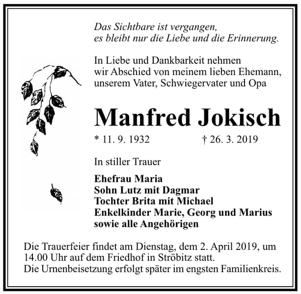 Traueranzeige Manfred Jokisch