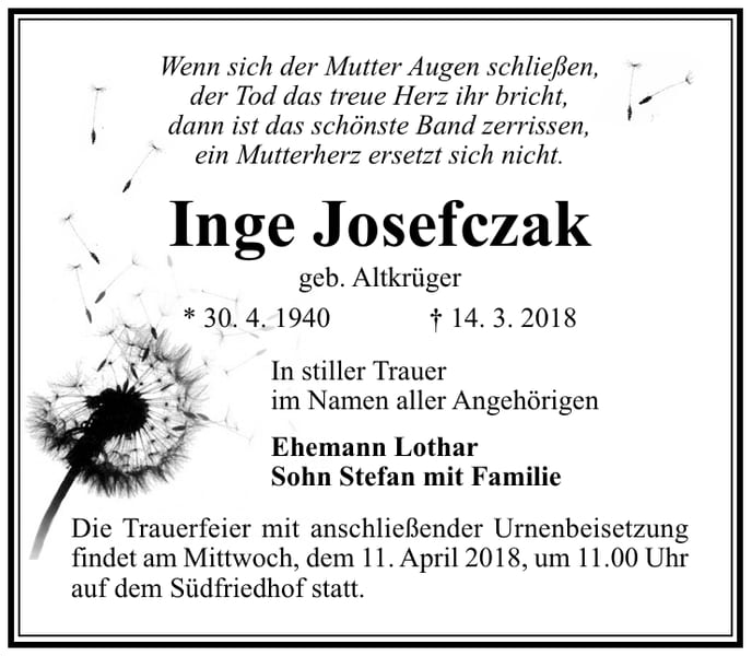 Traueranzeige Inge Josefczak, geb. Altkrüger
