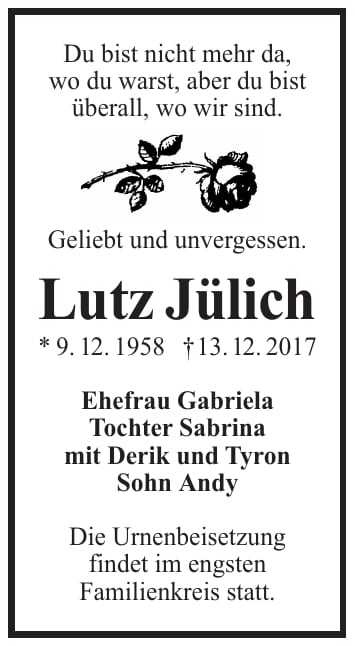 Traueranzeige Lutz Jülich