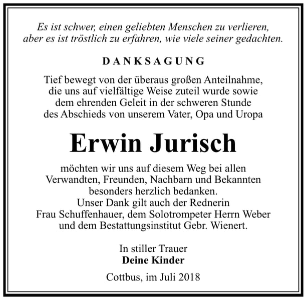 Danksagung Erwin Jurisch