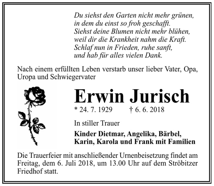 Traueranzeige Erwin Jurisch