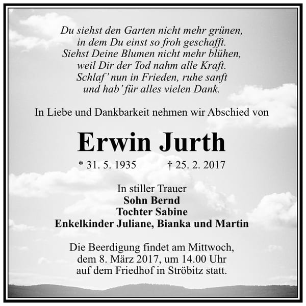 Traueranzeige Erwin Jurth
