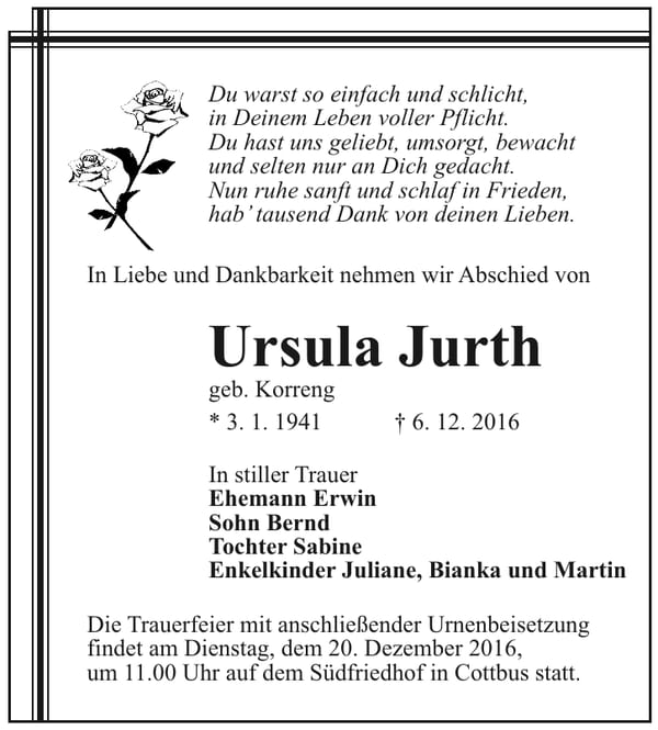 Traueranzeige Ursula Jurth, geb. Korreng