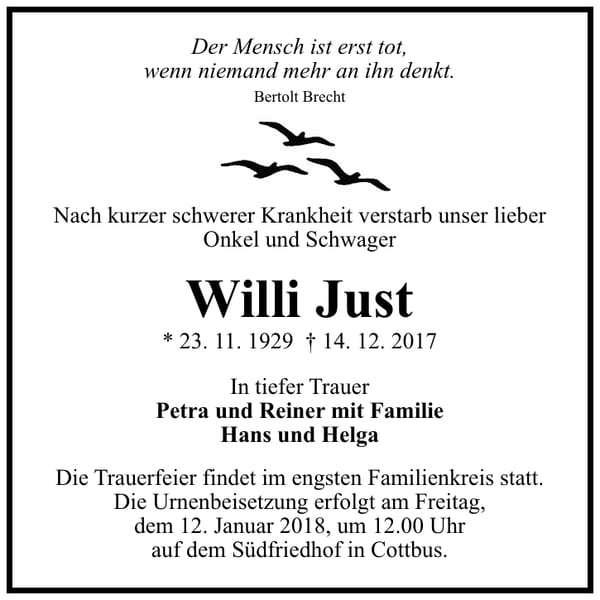 Traueranzeige Willi Just