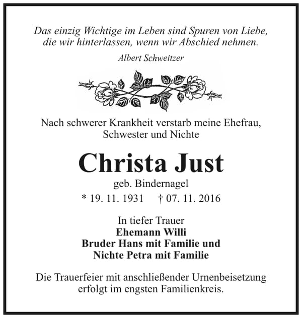 Traueranzeige Christa Just, geb. Bindernagel