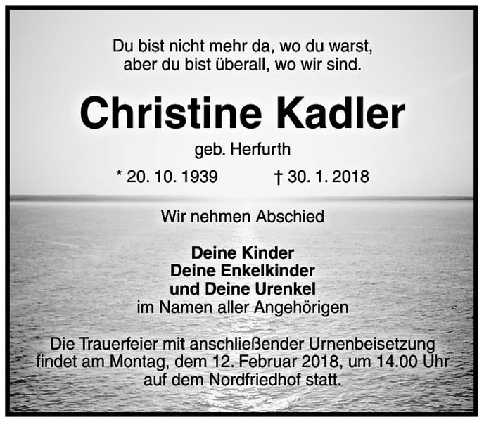Traueranzeige Christine Kadler, geb. Herfurth