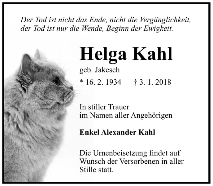 Traueranzeige Helga Kahl, geb. Jakesch