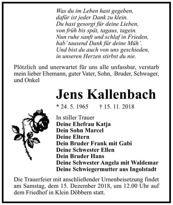 Traueranzeige Jens Kallenbach
