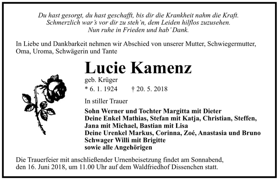 Traueranzeige Lucie Kamenz, geb. Krüger