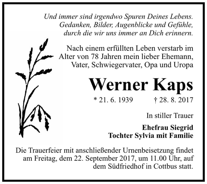 Traueranzeige Werner Kaps