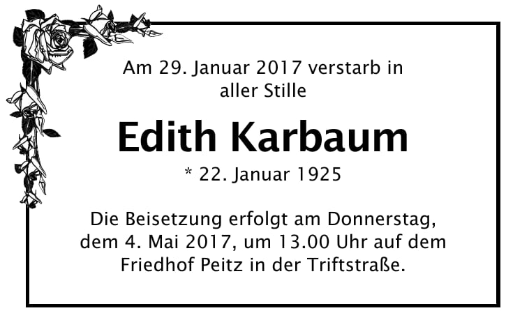 Traueranzeige Edith Karbaum