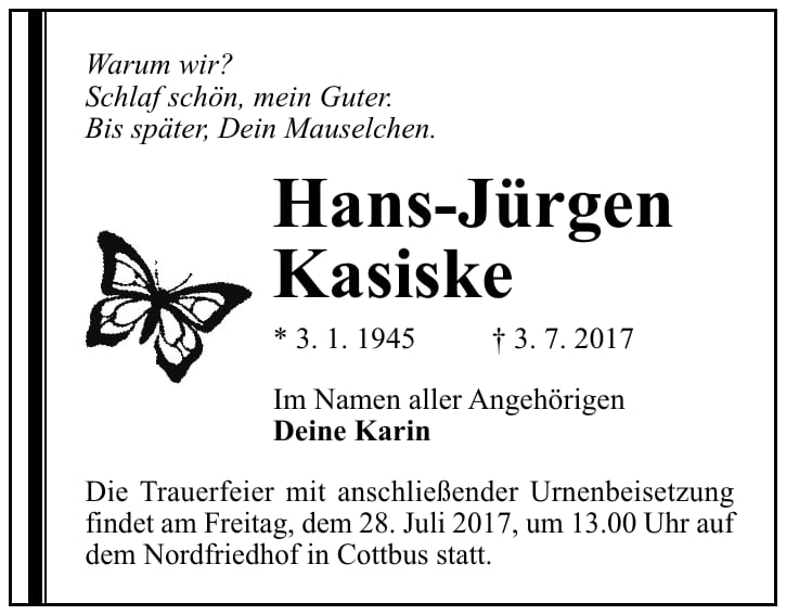 Traueranzeige Hans-Jürgen Kasiske