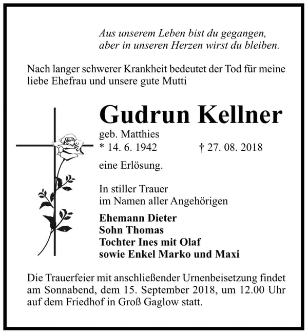 Traueranzeige Gudrun Kellner, geb. Matthies