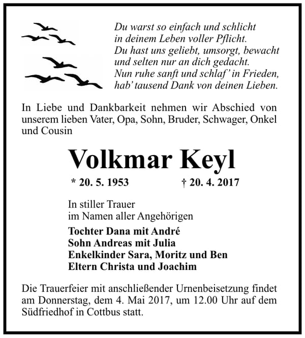 Traueranzeige Volkmar Keyl