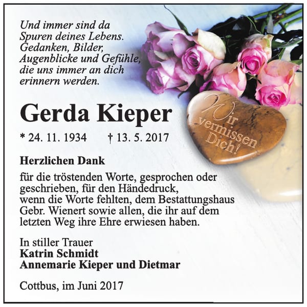 Danksagung Gerda Kieper