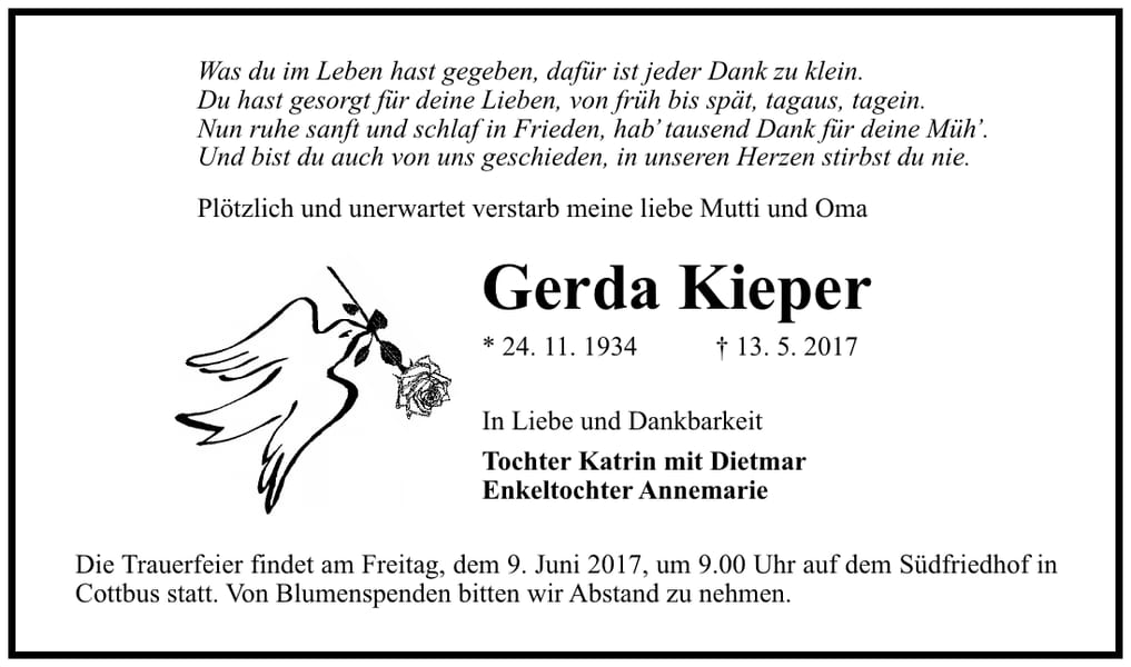 Traueranzeige Gerda Kieper