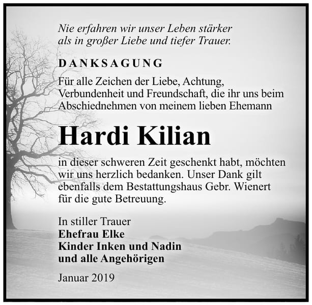 Traueranzeige Hardi Kilian