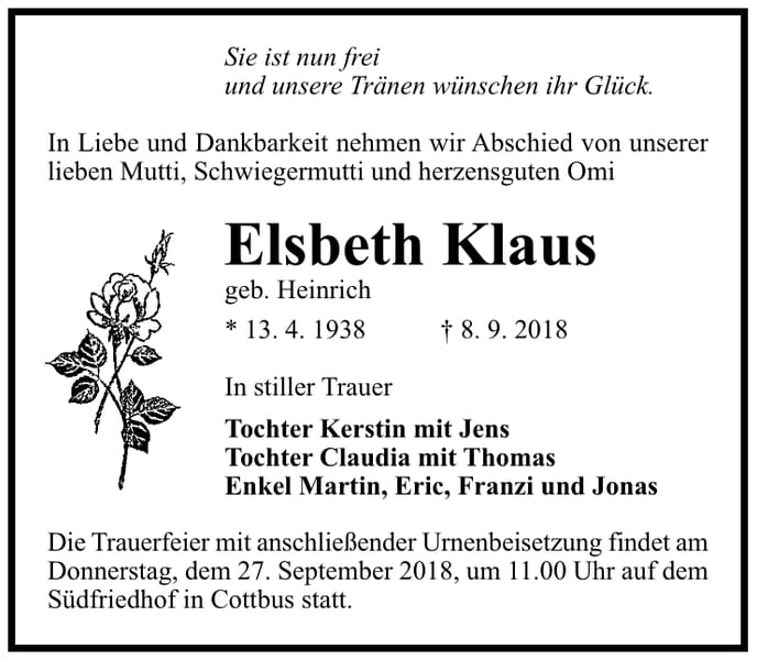 Traueranzeige Elsbeth Klaus, geb. Heinrich