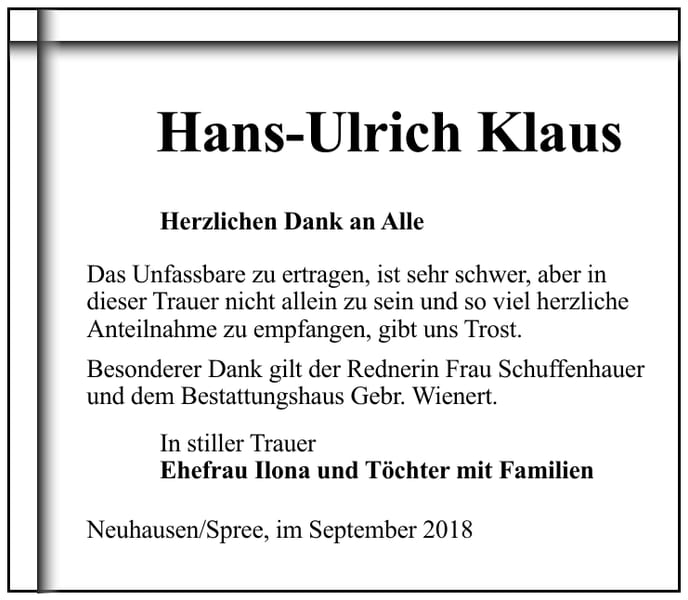 Danksagung Hans-Ulrich Klaus