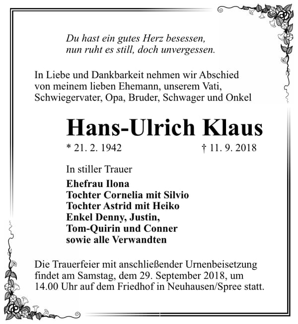 Traueranzeige Hans-Ulrich Klaus