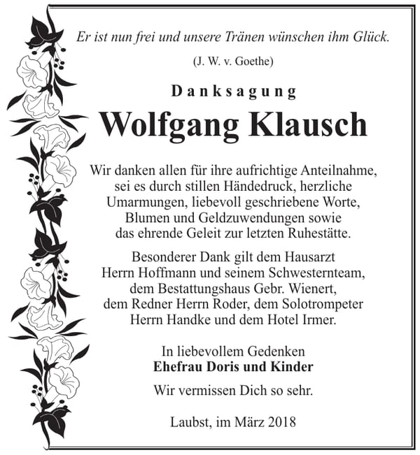 Danksagung Wolfgang Klausch