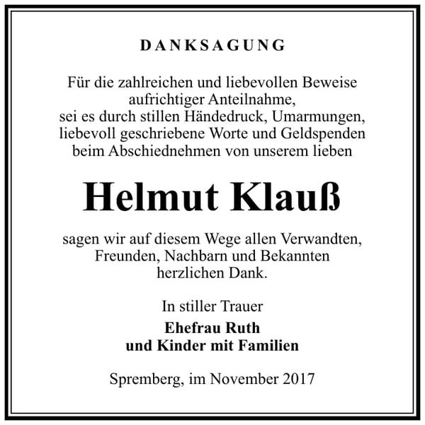 Danksagung Helmut Klauß