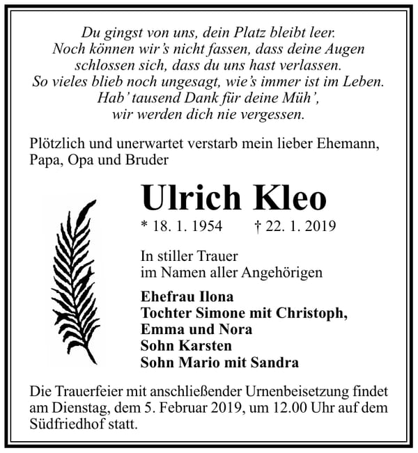 Traueranzeige Ulrich Kleo