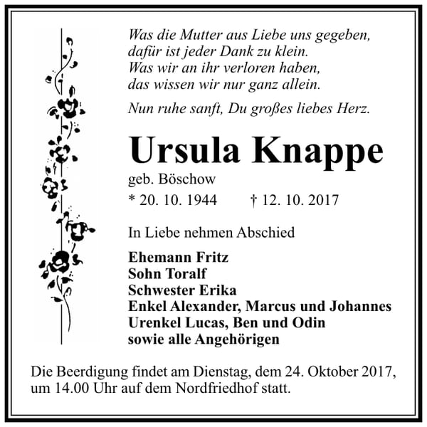 Traueranzeige Ursula Knappe, geb. Böschow