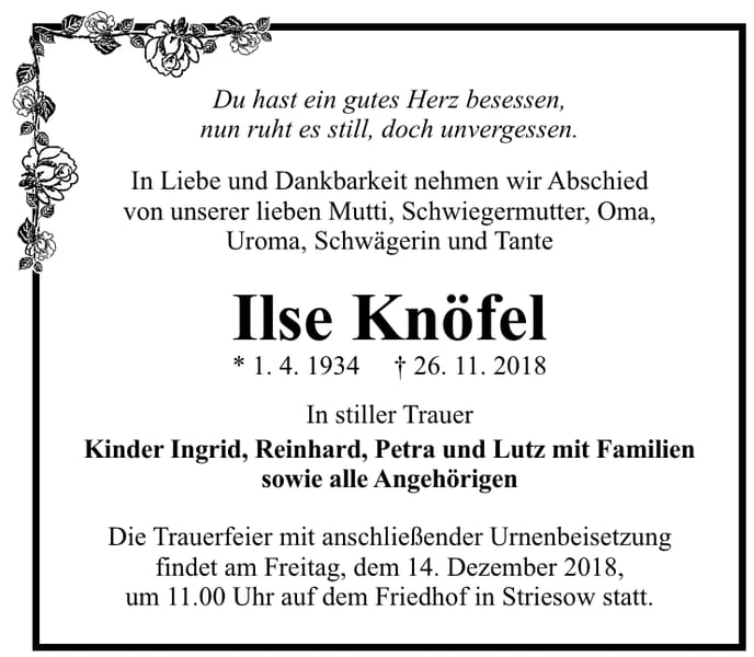 Traueranzeige Ilse Knöfel