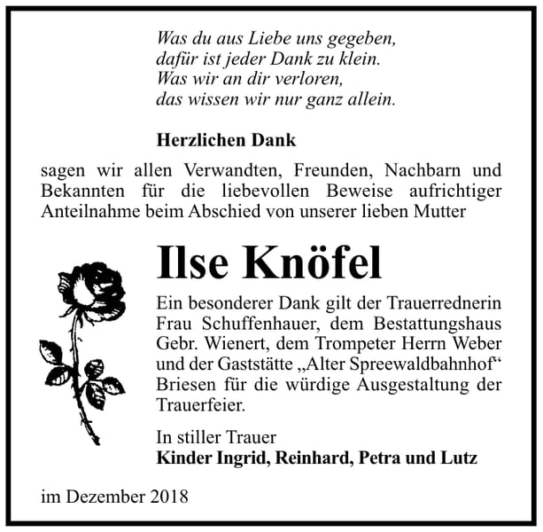 Danksagung Ilse Knöfel
