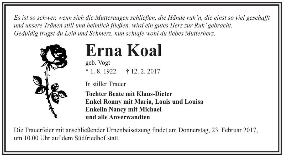 Traueranzeige Erna Koal, geb. Vogt