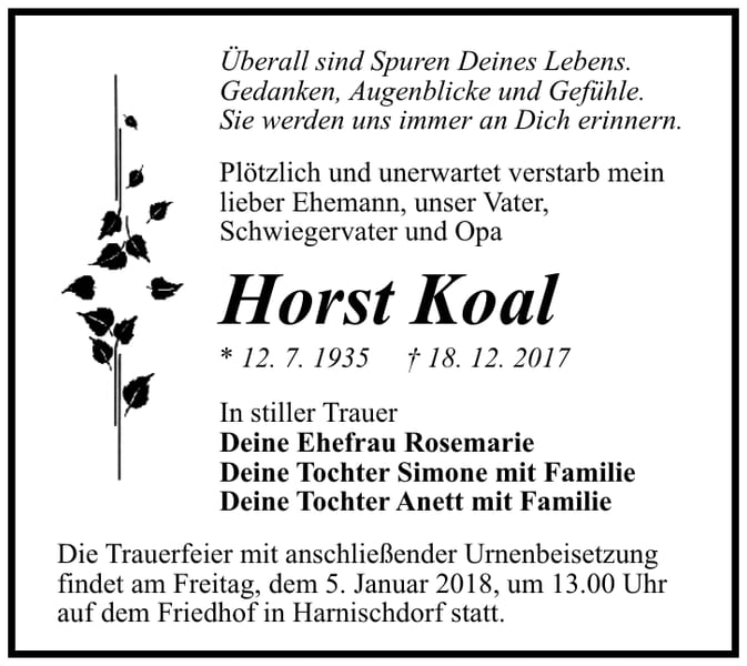 Traueranzeige Horst Koal