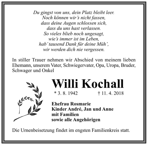 Traueranzeige Willi Kochall