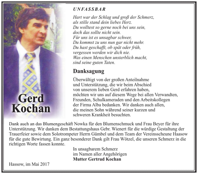 Danksagung Gerd Kochan