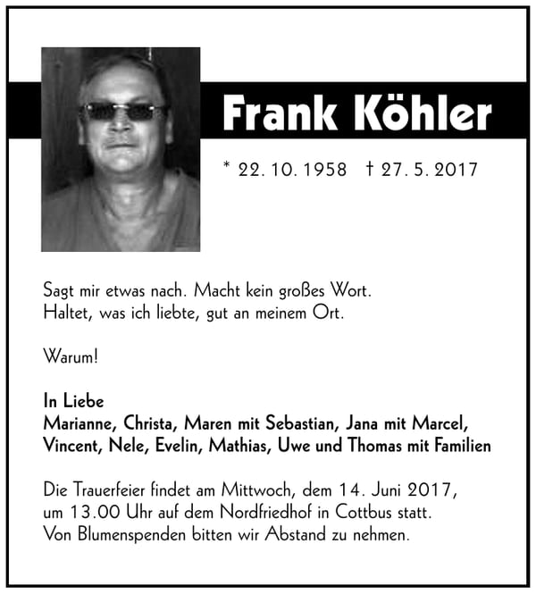Traueranzeige Frank Köhler