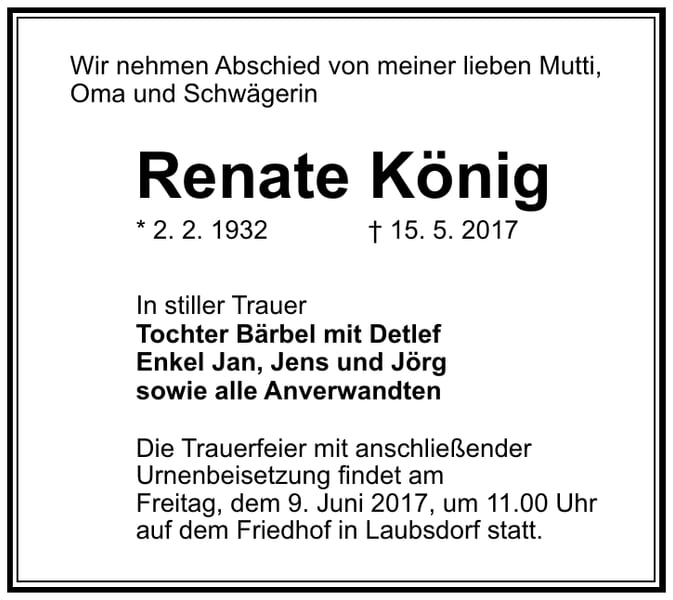 Traueranzeige Renate König