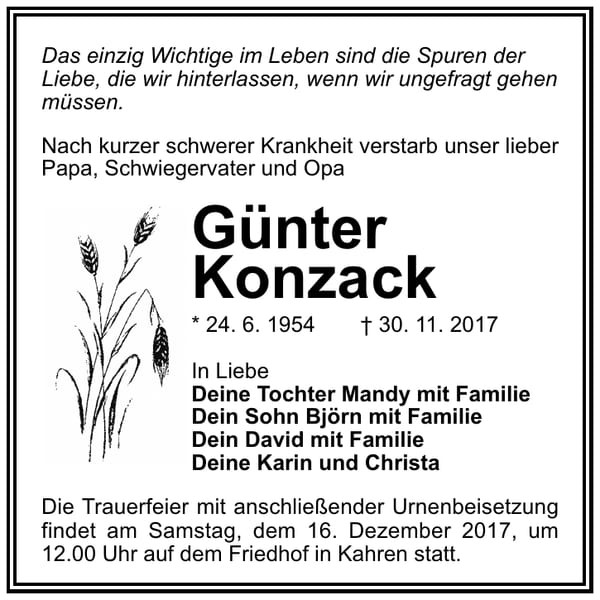 Traueranzeige Günter Konzack