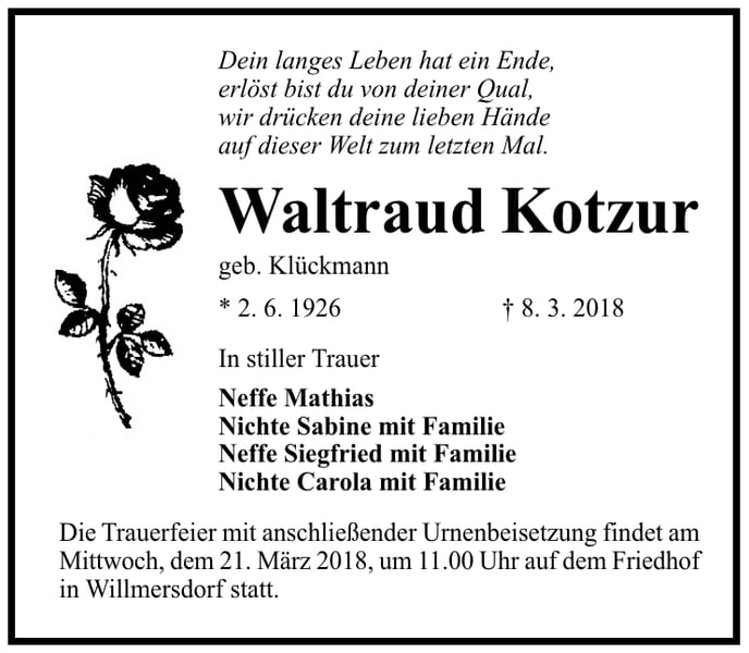 Traueranzeige Waltraud Kotzur, geb. Klückmann